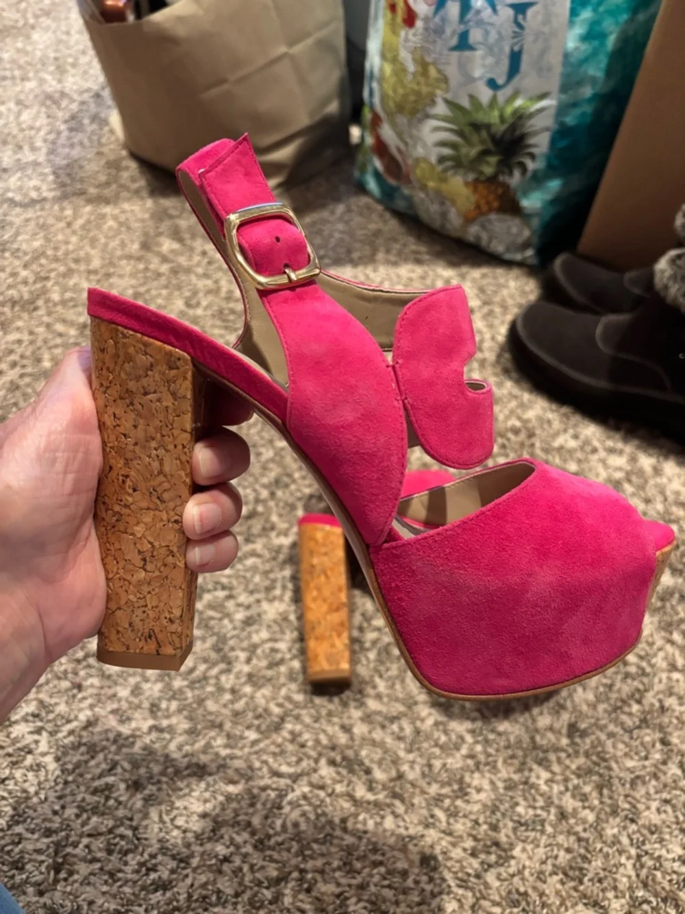 Paris Hilton Hot Pink Suede Platform Sandals with Cork Block Heel